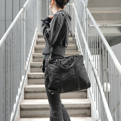 PRADA 2-way nylon tote bag Handbag black WS28507