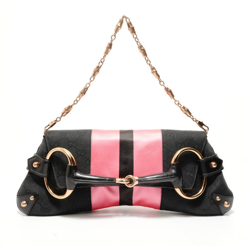 GUCCI Horsebit Metal Bamboo GG Canvas Shoulder Bag black WS28527