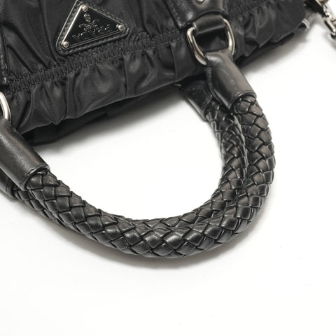 PRADA 2-Way Nylon Shirring Leather Handbag black WS28541