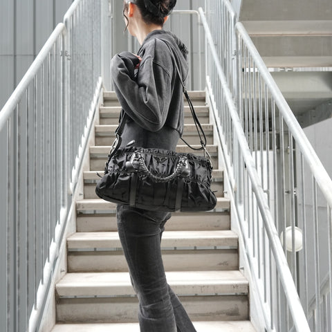 PRADA 2-Way Nylon Shirring Leather Handbag black WS28541