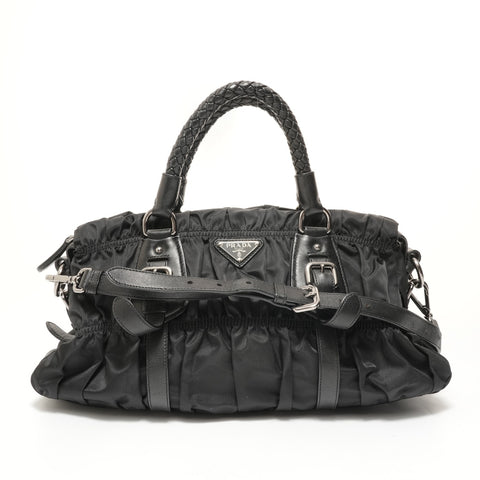 PRADA 2-Way Nylon Shirring Leather Handbag black WS28541
