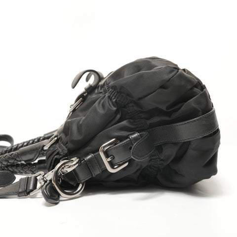 PRADA 2-Way Nylon Shirring Leather Handbag black WS28541