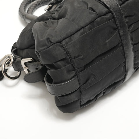 PRADA 2-Way Nylon Shirring Leather Handbag black WS28541
