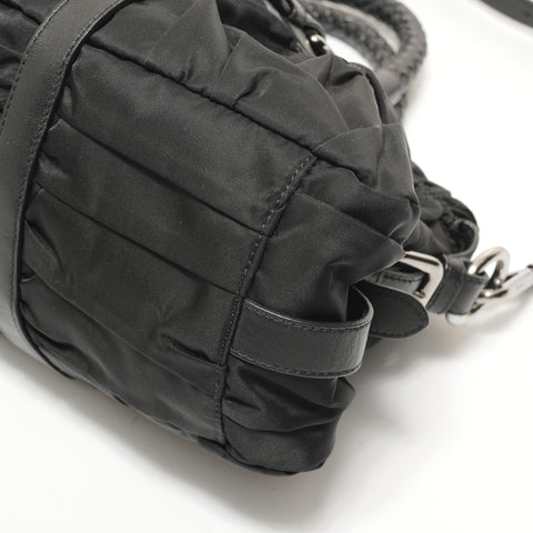 PRADA 2-Way Nylon Shirring Leather Handbag black WS28541