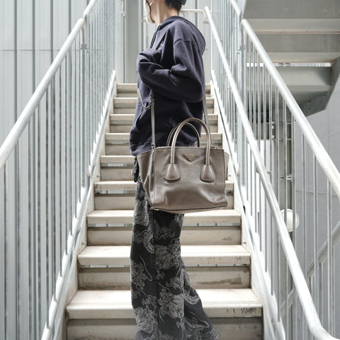 PRADA Triangle logo leather 2WAY Handbag beige WS28619