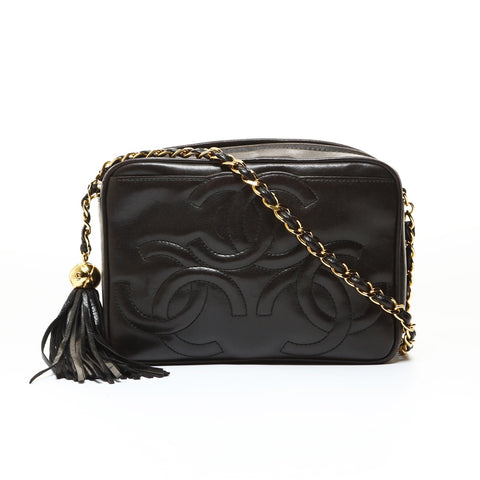 CHANEL Item No. 3, 1990-1992, Lamb Leather, Triple Coco, Fringe Shoulder Bag black WS28637