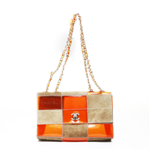 CHANEL Item No. 5, 1994-1996, Chocolate Bar Patchwork, Metal Matte Silver Shoulder Bag Orange WS28657
