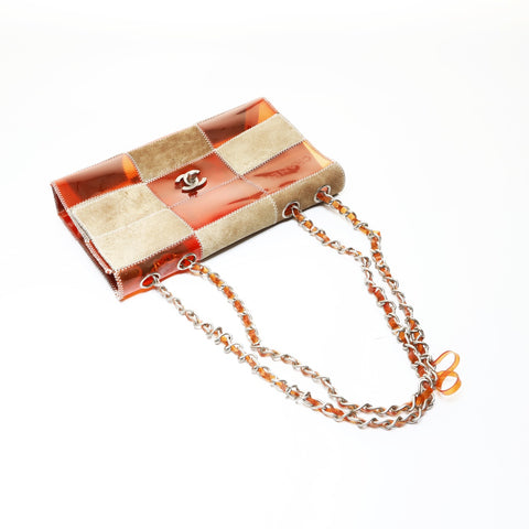 CHANEL Item No. 5, 1994-1996, Chocolate Bar Patchwork, Metal Matte Silver Shoulder Bag Orange WS28657
