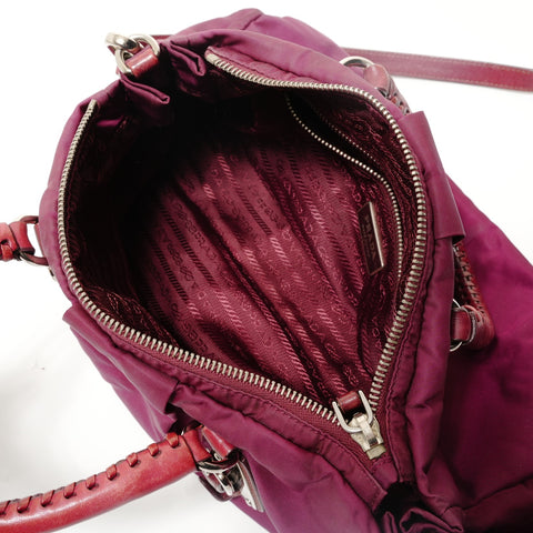 PRADA Logo Nylon 2-way Burgundy Handbag Red WS28676