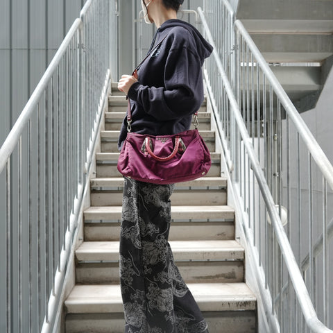 PRADA Logo Nylon 2-way Burgundy Handbag Red WS28676