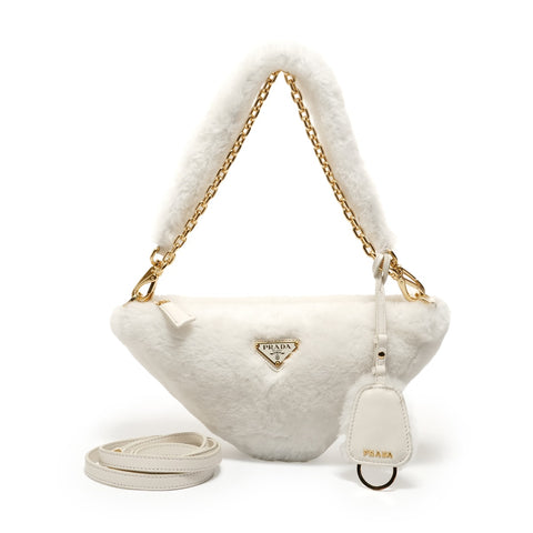PRADA Triangle logo wool shearling 3-way Shoulder Bag white WS28679