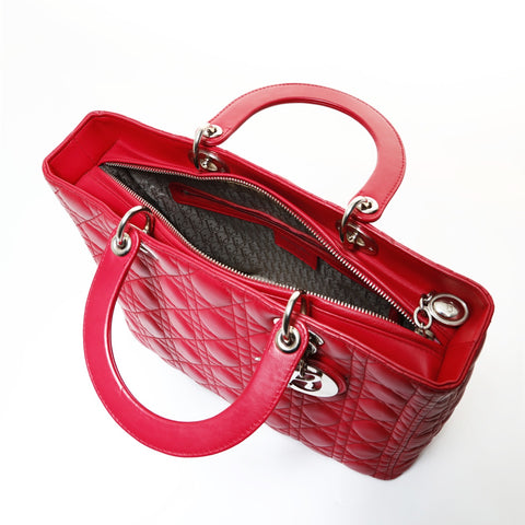 Christian Dior Lady Dior Cannage Metal Silver 2WAY Shoulder Bag Red WS28717