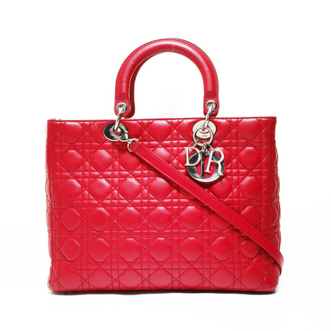 Christian Dior Lady Dior Cannage Metal Silver 2WAY Shoulder Bag Red WS28717