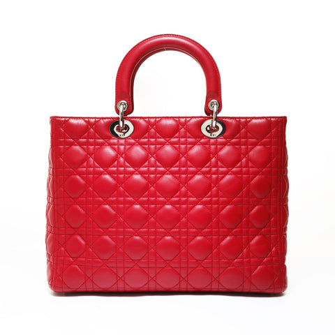 Christian Dior Lady Dior Cannage Metal Silver 2WAY Shoulder Bag Red WS28717