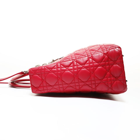 Christian Dior Lady Dior Cannage Metal Silver 2WAY Shoulder Bag Red WS28717
