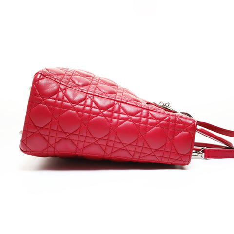 Christian Dior Lady Dior Cannage Metal Silver 2WAY Shoulder Bag Red WS28717