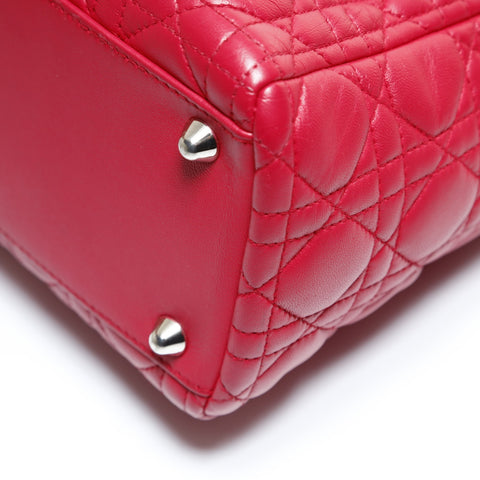 Christian Dior Lady Dior Cannage Metal Silver 2WAY Shoulder Bag Red WS28717