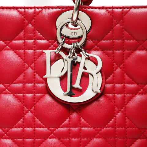 Christian Dior Lady Dior Cannage Metal Silver 2WAY Shoulder Bag Red WS28717