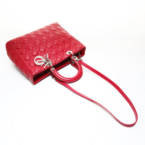 Christian Dior Lady Dior Cannage Metal Silver 2WAY Shoulder Bag Red WS28717