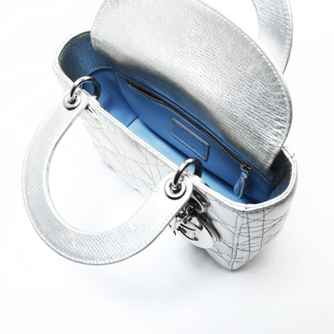 Christian Dior Lady Dior Cannage Metallic Handbag Silver WS28741