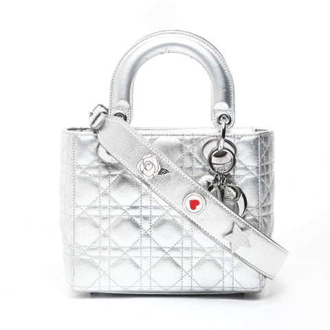 Christian Dior Lady Dior Cannage Metallic Handbag Silver WS28741