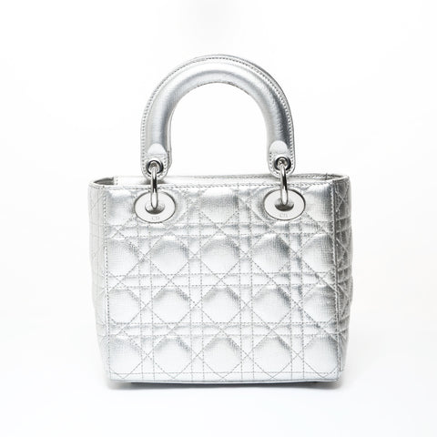 Christian Dior Lady Dior Cannage Metallic Handbag Silver WS28741