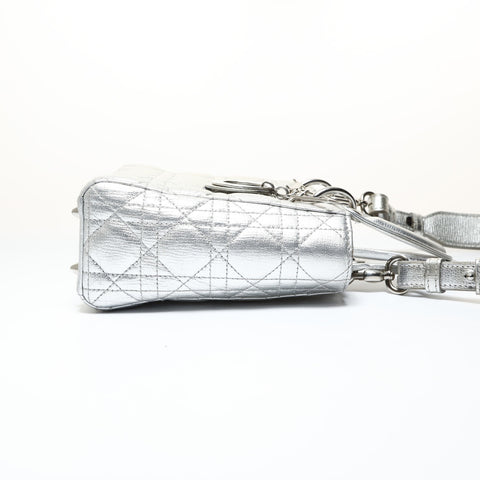 Christian Dior Lady Dior Cannage Metallic Handbag Silver WS28741