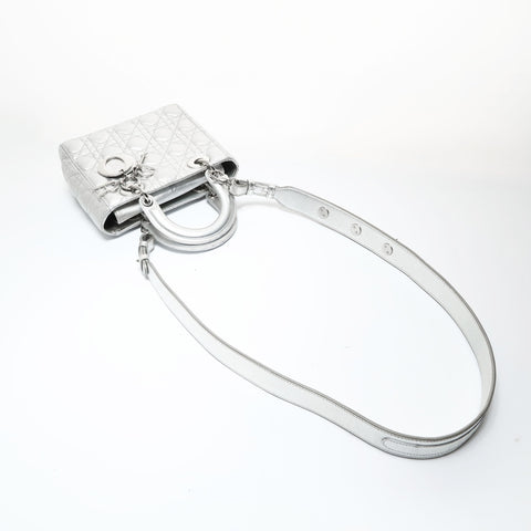 Christian Dior Lady Dior Cannage Metallic Handbag Silver WS28741