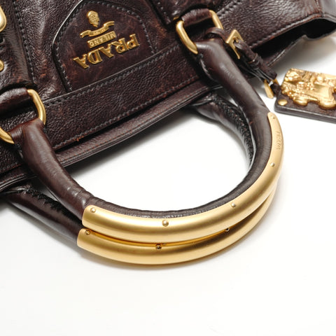 PRADA Glac Calf Large Dome Satchel Handbag Brown WS28769