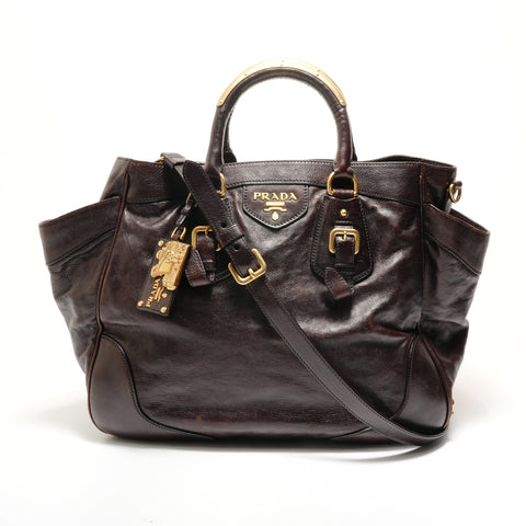 PRADA Glac Calf Large Dome Satchel Handbag Brown WS28769