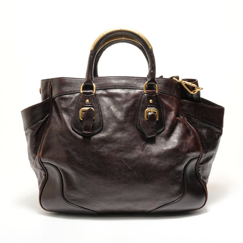 PRADA Glac Calf Large Dome Satchel Handbag Brown WS28769