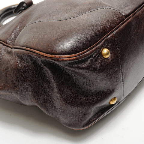PRADA Glac Calf Large Dome Satchel Handbag Brown WS28769