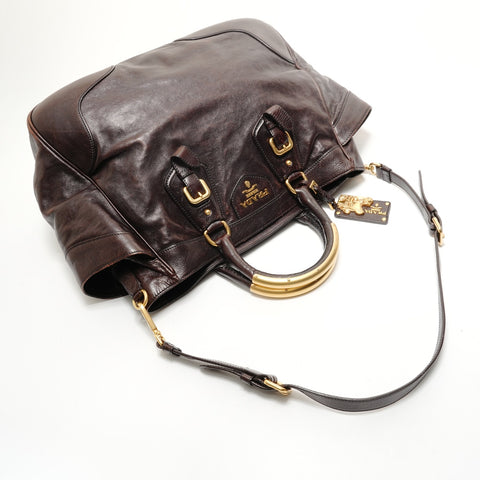 PRADA Glac Calf Large Dome Satchel Handbag Brown WS28769