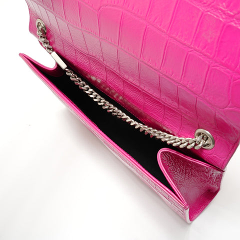 YVES SAINT LAURENT Crocodile Embossed SilverMetal Shoulder Bag pink WS28789