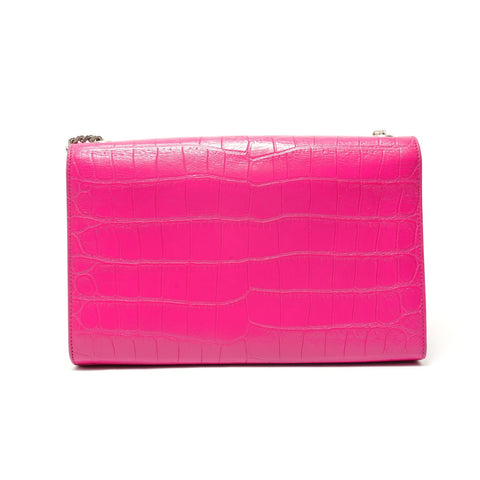 YVES SAINT LAURENT Crocodile Embossed SilverMetal Shoulder Bag pink WS28789