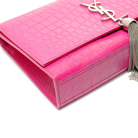 YVES SAINT LAURENT Crocodile Embossed SilverMetal Shoulder Bag pink WS28789