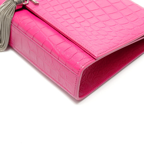 YVES SAINT LAURENT Crocodile Embossed SilverMetal Shoulder Bag pink WS28789