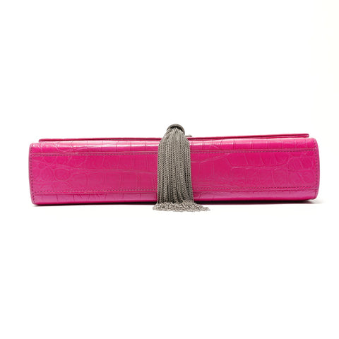 YVES SAINT LAURENT Crocodile Embossed SilverMetal Shoulder Bag pink WS28789