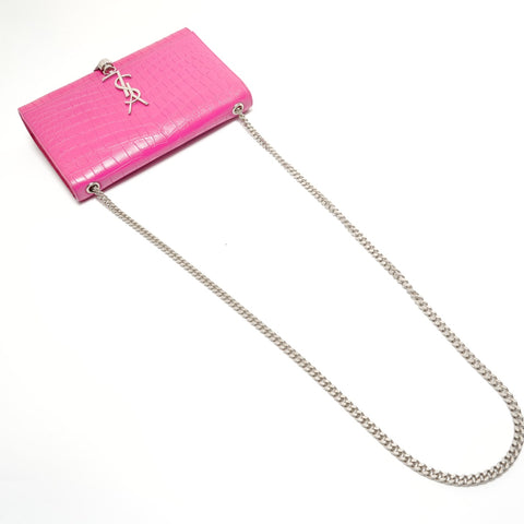 YVES SAINT LAURENT Crocodile Embossed SilverMetal Shoulder Bag pink WS28789