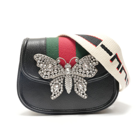 GUCCI Sherry Line Butterfly Rhinestone Shoulder Bag black WS28824
