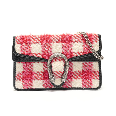 GUCCI Dionysus GG Tweed Silver Metal Shoulder Bag Red WS28830