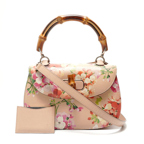 GUCCI Bamboo Handbag, 2-Way, Floral Leather Shoulder Bag pink WS28846