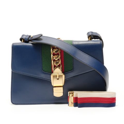 GUCCI Sylvie Sherry Line Leather Shoulder Bag blue WS28848