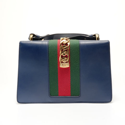 GUCCI Sylvie Sherry Line Leather Shoulder Bag blue WS28848