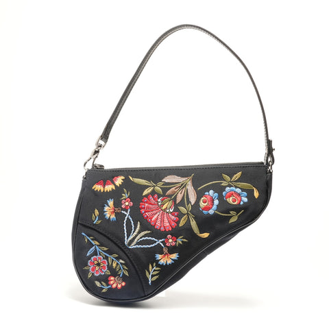 Christian Dior Satin Embroidered Mini Saddle Shoulder Bag black WS28851