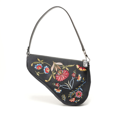 Christian Dior Satin Embroidered Mini Saddle Shoulder Bag black WS28851