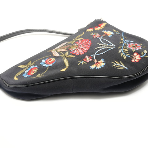 Christian Dior Satin Embroidered Mini Saddle Shoulder Bag black WS28851