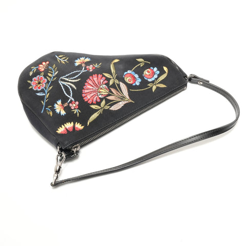 Christian Dior Satin Embroidered Mini Saddle Shoulder Bag black WS28851