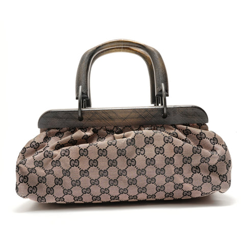 GUCCI GG canvas wood handle Handbag Brown WS28917