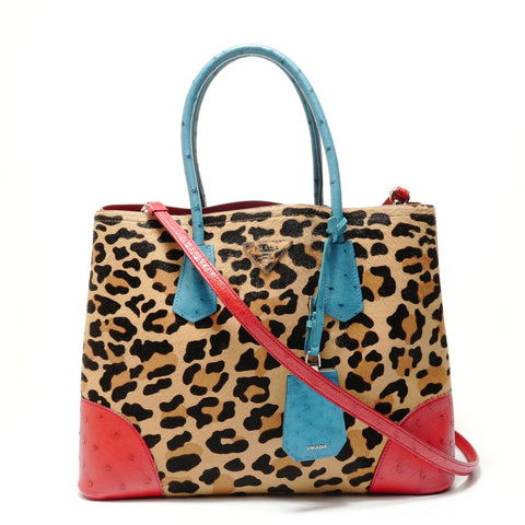PRADA Leopard Haircalf Ostrich 2-Way Bag Handbag Brown WS28931